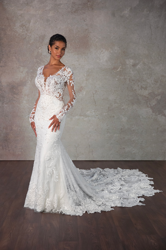 Essense of Australia Style #D4213 #8 (IVRM-PL) Ivory Lace & Tulle over Rum Gown w Porcelain Tulle Plunge thumbnail